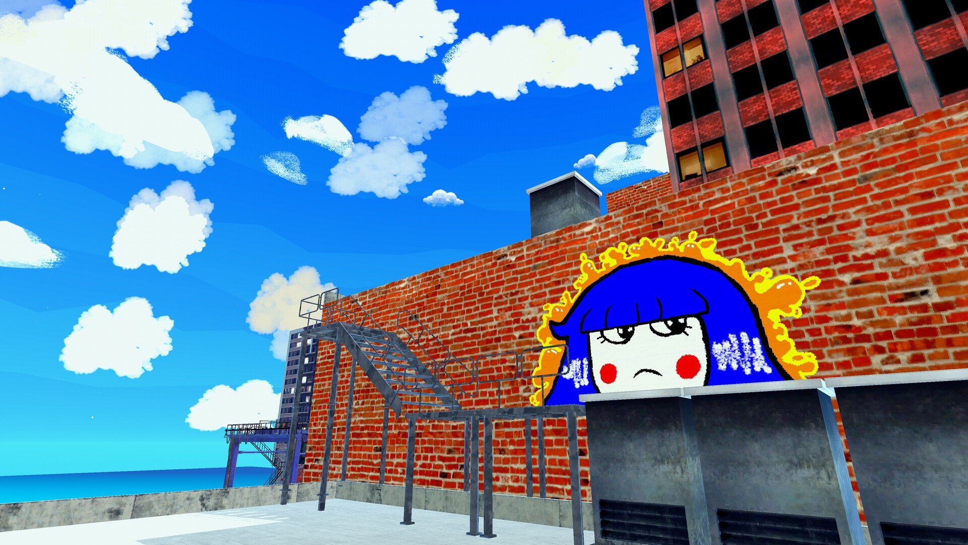 A screenshot from Bombing!! 2 depicting a girl with blue hair painted on a wall, with a bright blue sky behind it.