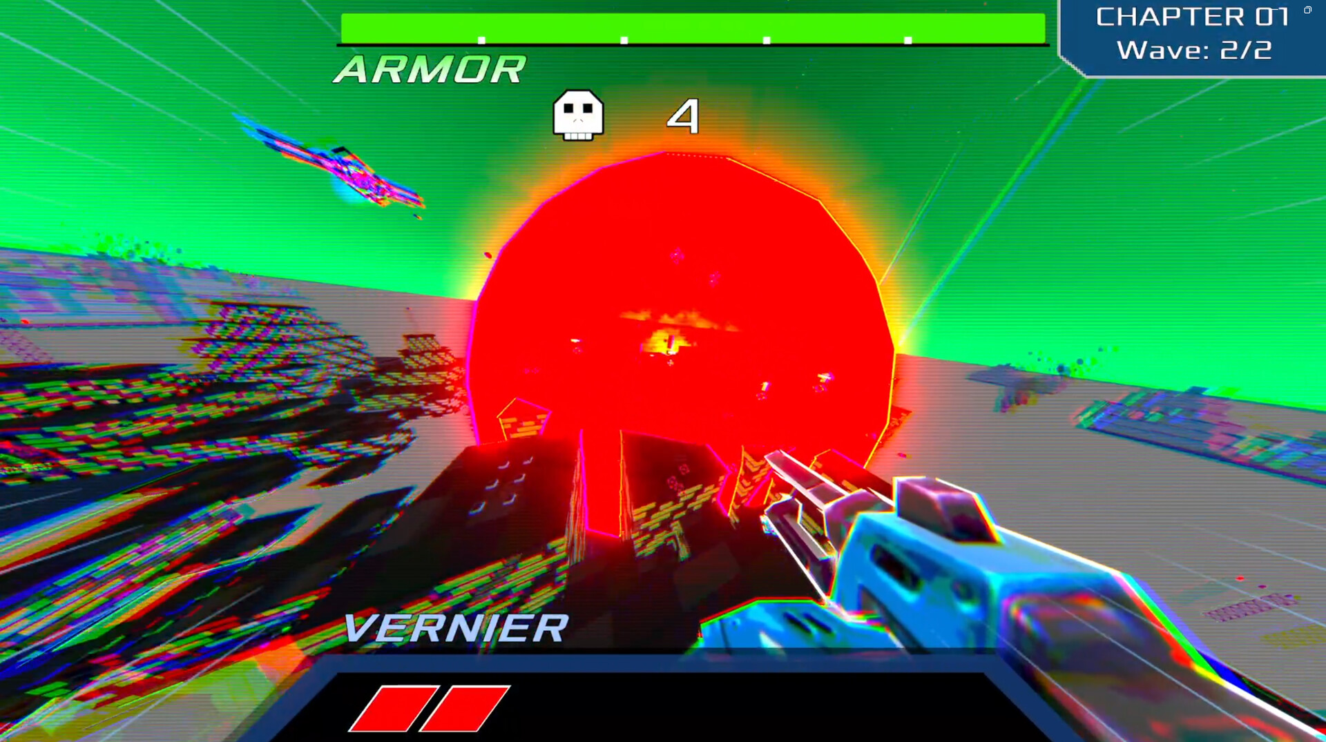 A screenshot from Centauri Dark, picturing a first person shooter with a bright arcade style.