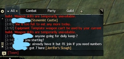 An image from Guild Wars 2 in chat, showing items and locations being displayed in text